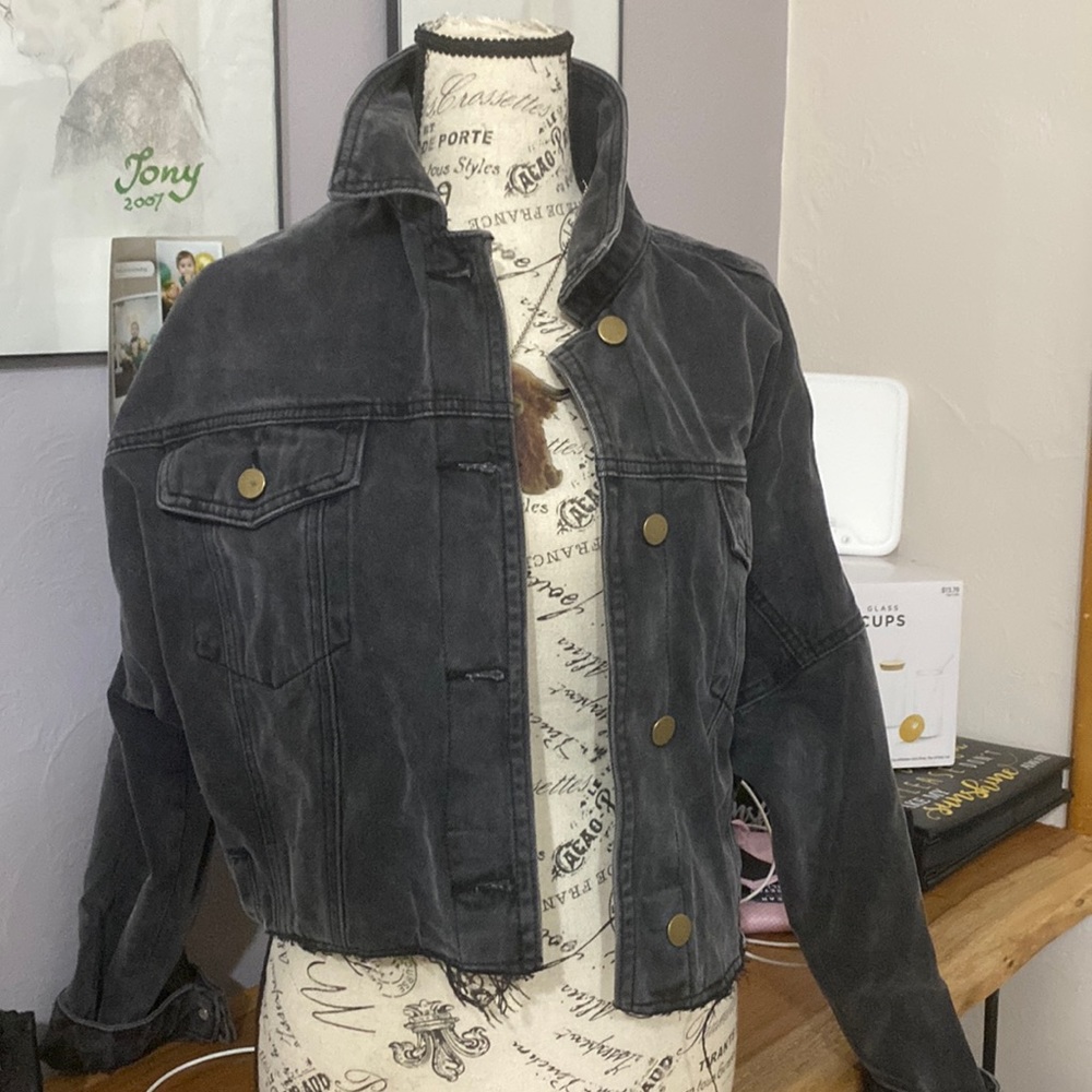 Acid wash black distressed jean jacket